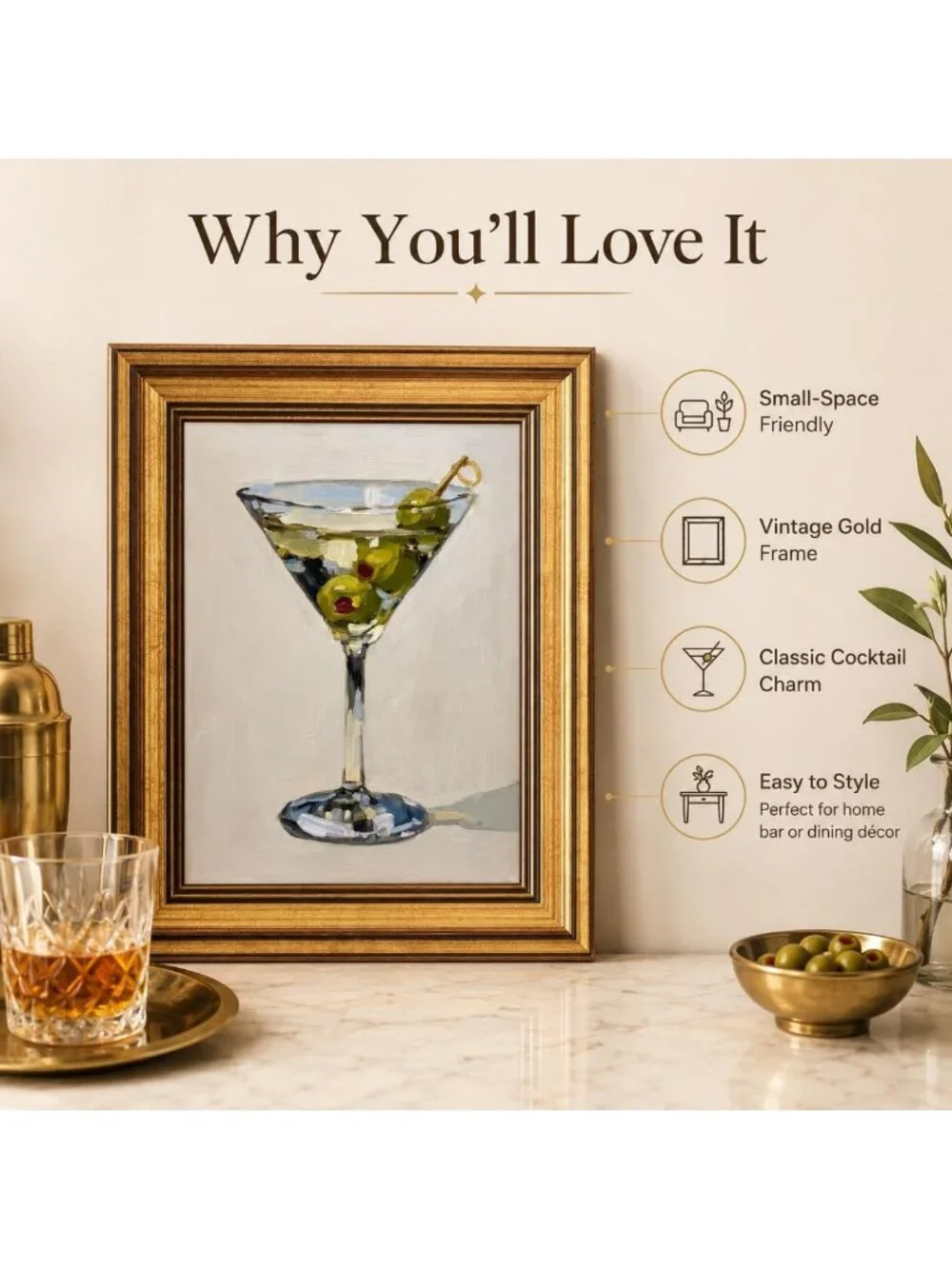 Vintage Martini Glass Wall Art - Gold Framed Canvas Print, Classic Cocktail